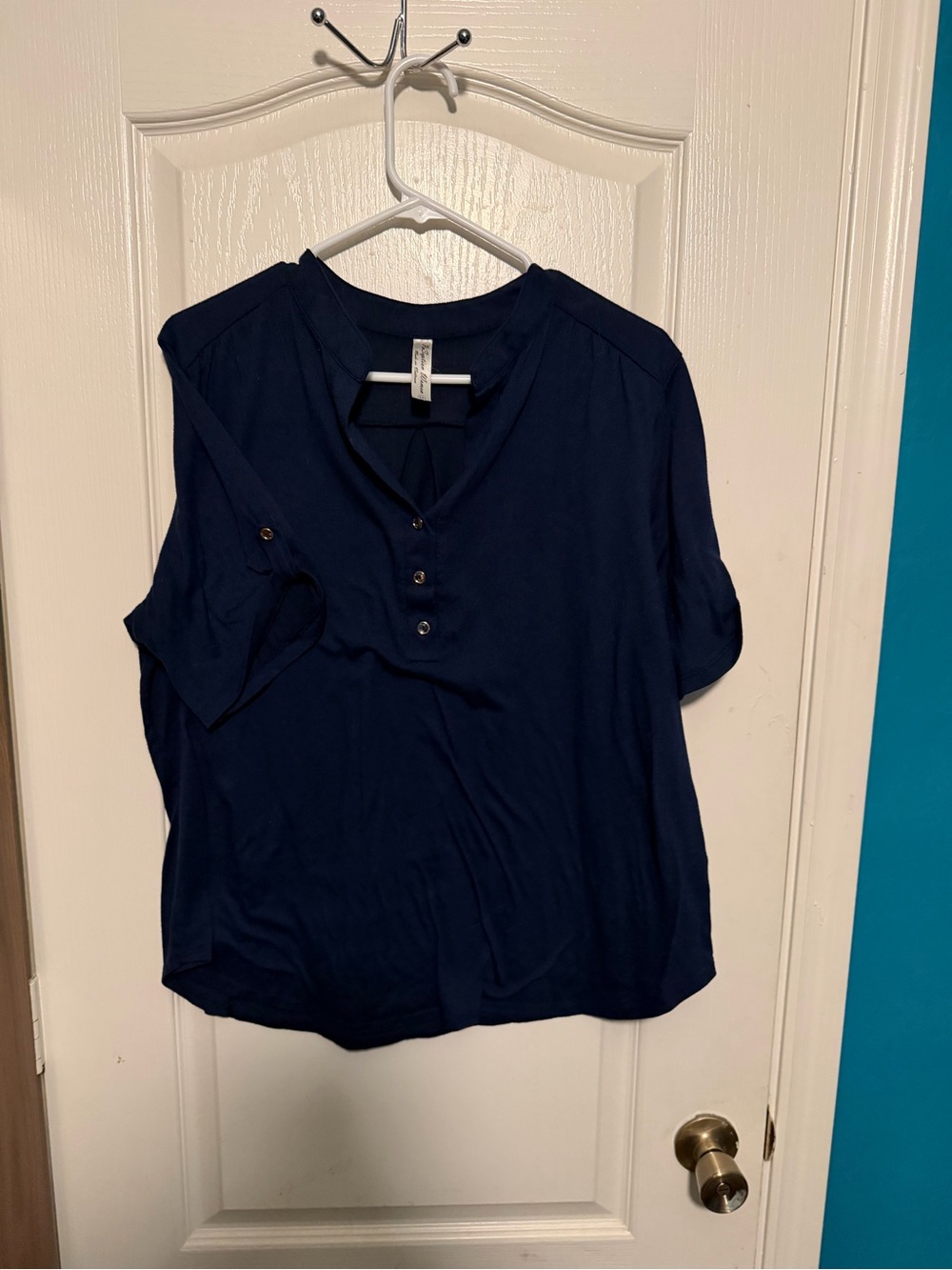 Perseption Navy Short-Sleeve V-Neck Henley Blouse